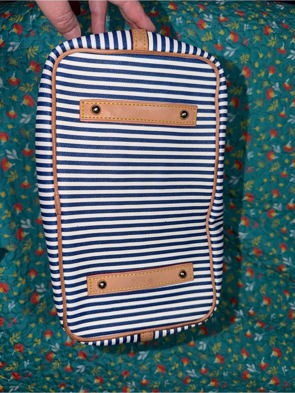 Dooney & Bourke Navy and White Stripe Tote with Tan Trim - Picture 8 of 16